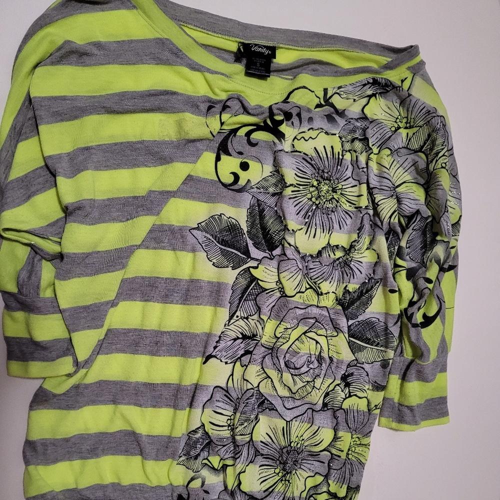 3/4 Sleeve Green and Grey Striped Top